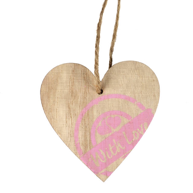 Pendant stamp heart wood 7x7cm+16cm rope pink