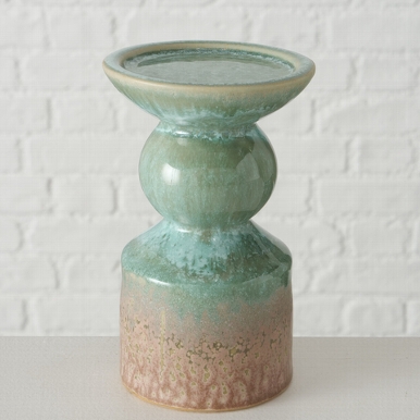 Candle holder Peruya , Round, H 15,00 cm, Stoneware, Green, Sage green stoneware colour-mix