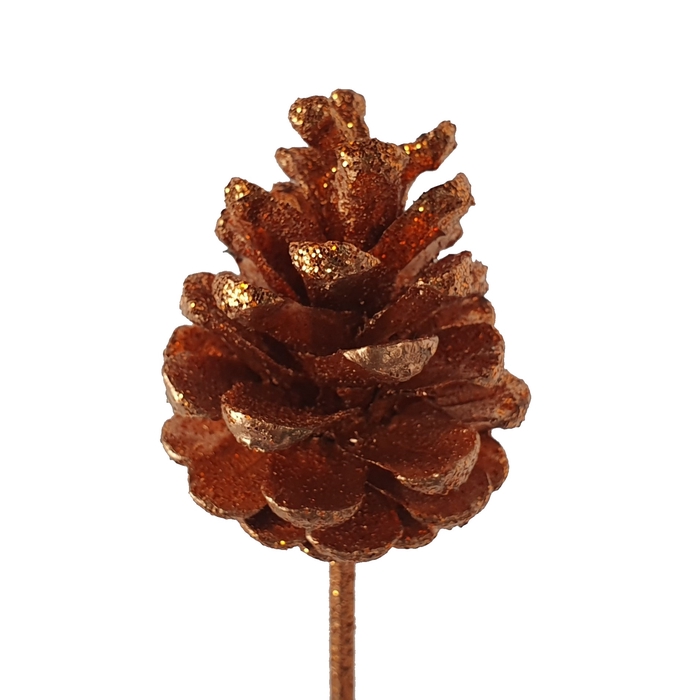Pine cone 5-7cm on stem Copper + Glitter