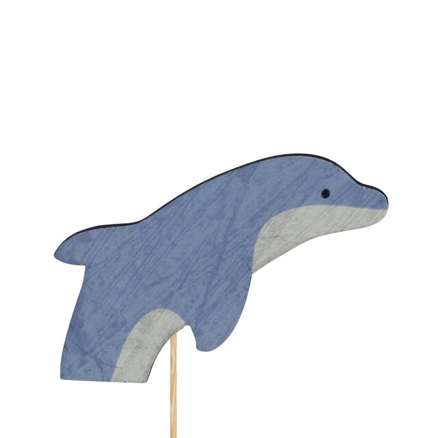 Bijsteker dolfijn hout 7x9,5cm+12cm stok blauw