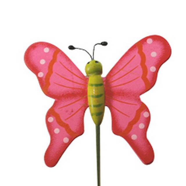 Bijsteker Vlinder flying hout 5x6cm+20cm stok roze