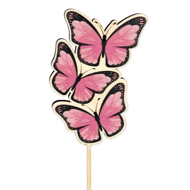 Bijsteker vlinder Trio hout 8x5cm+50cm stok roze