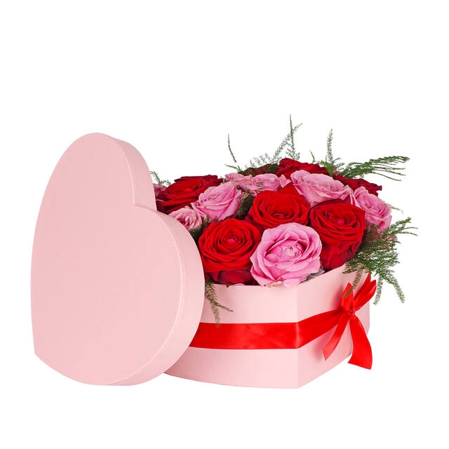 Hat box heart carton 15x19xH10cm m. pink + red bow
