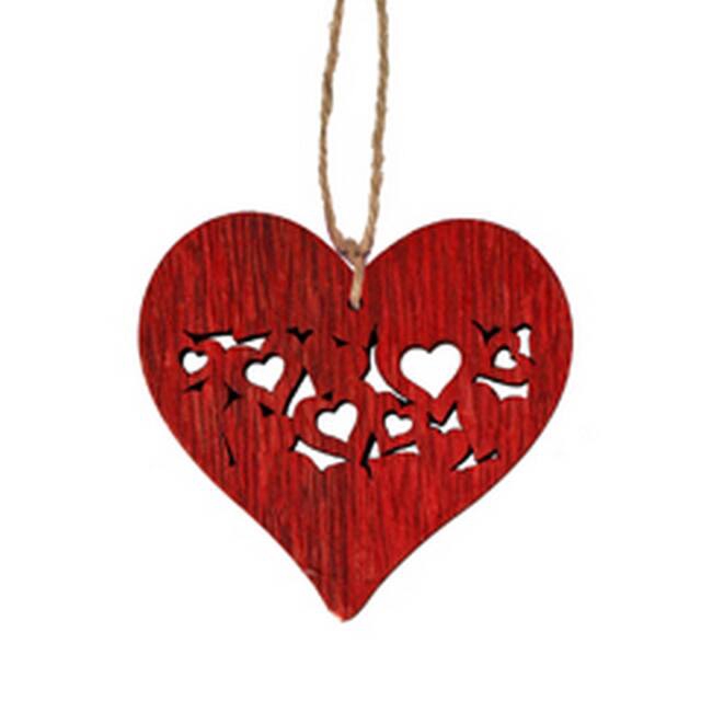 Pendant heart full wood 7x7,5cm+16cm string red