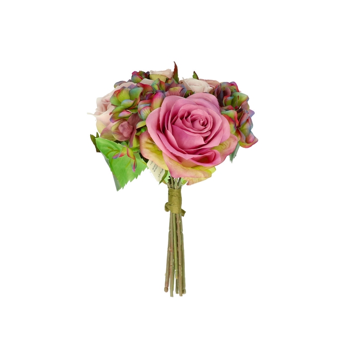 Kunstbloemen Rosa/Hydrangea boeket 22cm