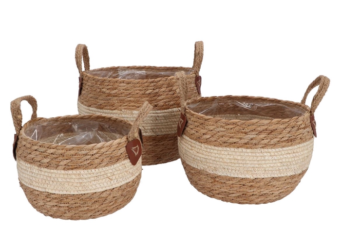 Seagrass Laos Straw Basket Natural Cream Stripe S/3 30x21cm