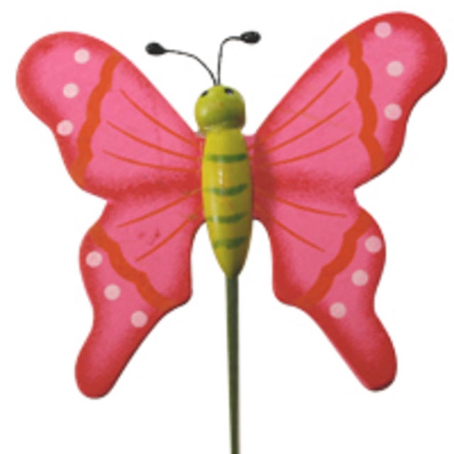 Bijsteker Vlinder flying hout 7x8cm+50cm stok roze