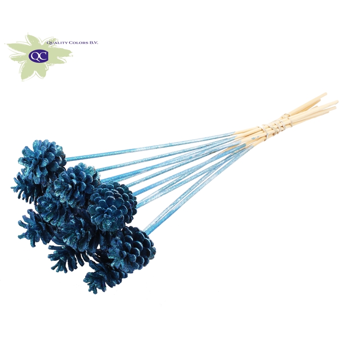 <h4>Pine cone 5-7cm on stem Metallic Blue + Glitter</h4>
