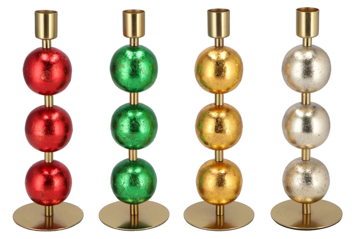 Cosmo Foiled Red/green Ball Candle Holder Ass 7x7x23cm