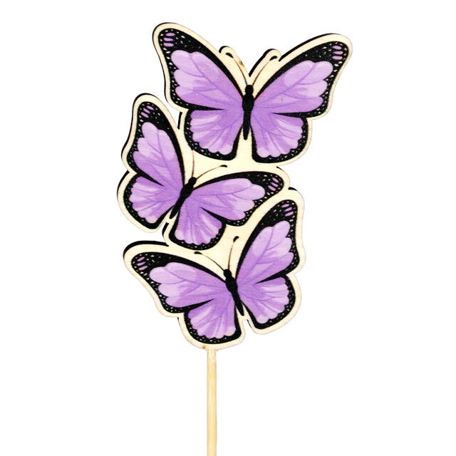 Bijsteker vlinder Trio hout 8x5cm+12cm stok lila