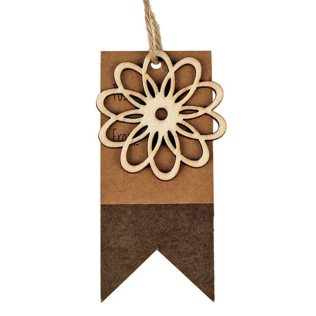 Pendant label + flower wood 9x4,8cm + 16cm rope