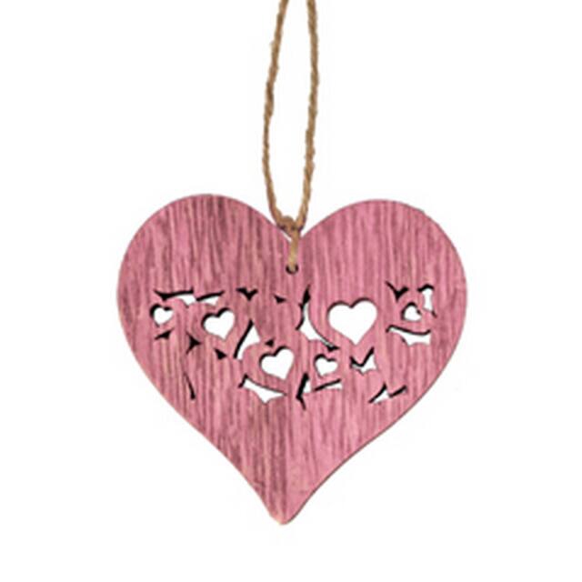 Pendant heart full wood 7x7,5cm+16cm string pink