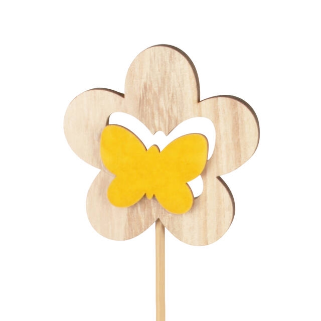 <h4>Bijsteker bloem hout+velvet 7cm+50cm stok geel</h4>