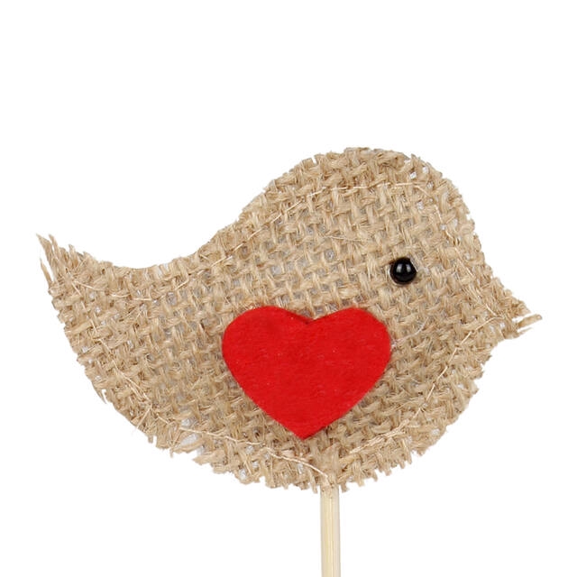 Pick bird+heart jute 7x4,8cm+50cm stick