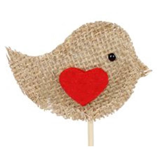 Pick bird+heart jute 7x4,8cm+50cm stick