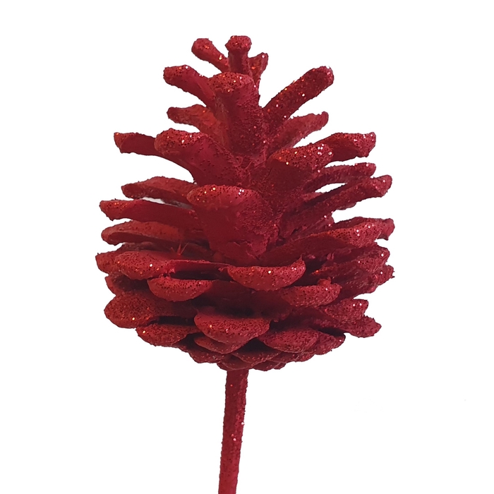 Pine cone 5-7cm on stem Red + Glitter