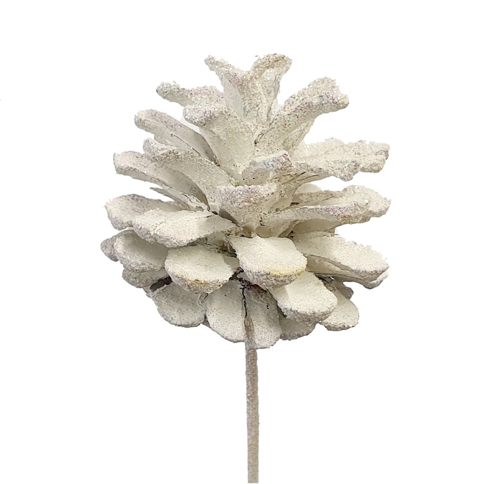 <h4>Pine cone 5-7cm on stem white with glitter</h4>
