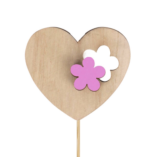 <h4>Pick heart flower wood 6x7cm+12cm stick pink</h4>
