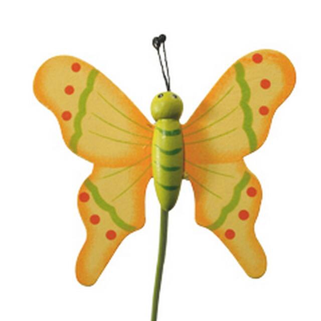 Bijsteker Vlinder flying hout 7x8cm+50cm stok geel