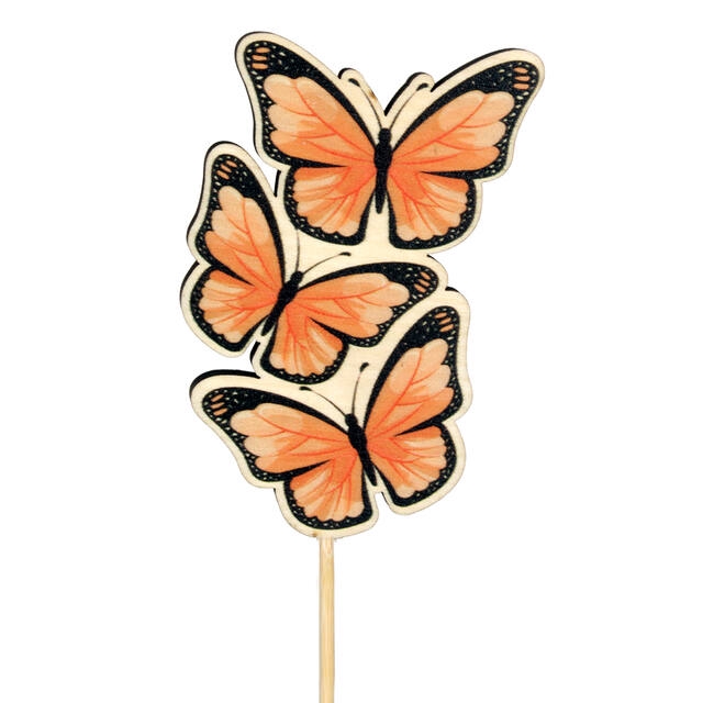 Bijsteker vlinder Trio hout 8x5cm+12cm stok oranje