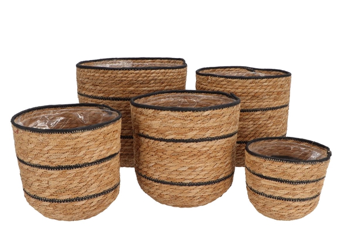 Seagrass Laos Straw Basket Natural Black Stripe S/5 28x29cm