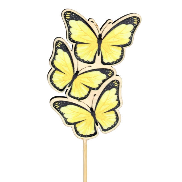 Bijsteker vlinder Trio hout 8x5cm+12cm stok geel